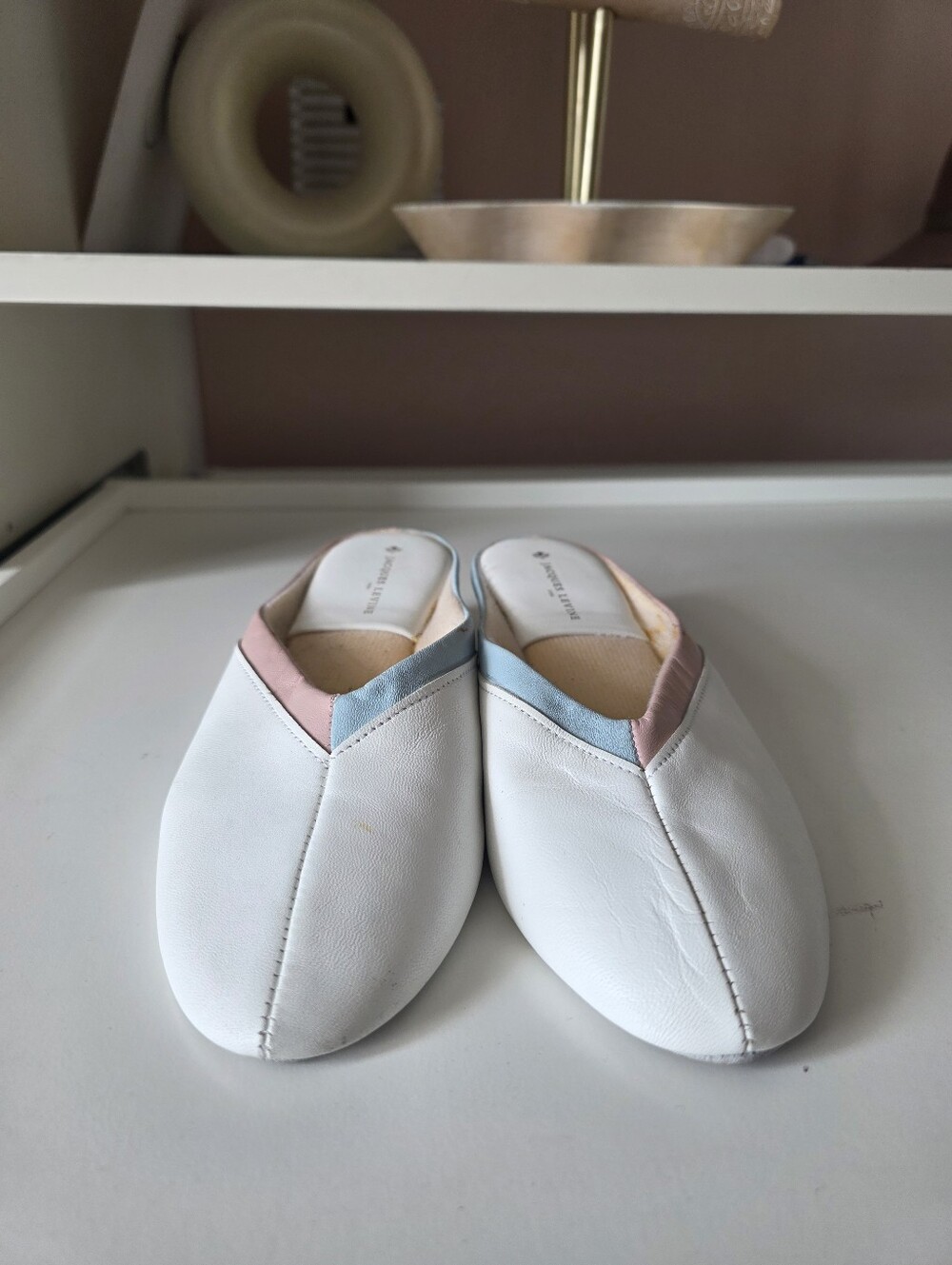 White Slip-On Mules with Pink & Blue Trim — Women’s Comfort Clog
